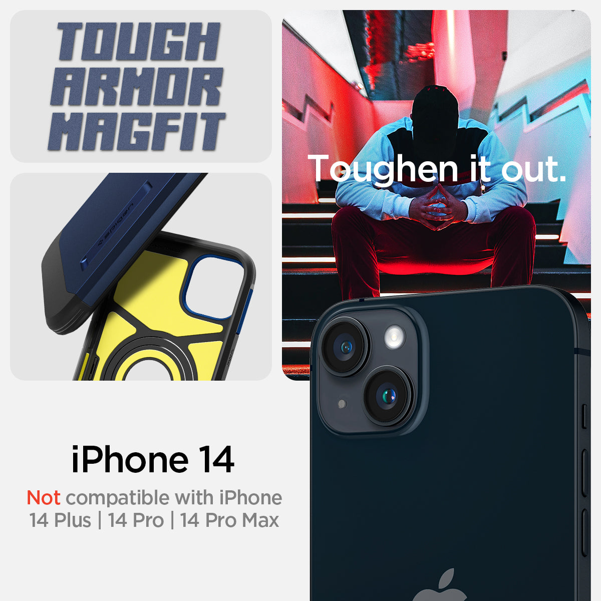 ACS05064 - iPhone 14 Case Tough Armor (MagFit) in navy blue showing tough armor magfit. toughen it out. iPhone 14. Not compatible with iPhone 14 plus, 14 pro, 14 pro max.