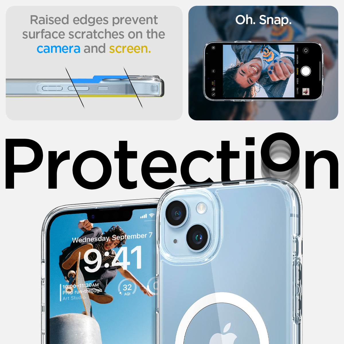 ACS05048 - iPhone 14 Case Ultra Hybrid (MagFit) in white showing raised edges prevent surface scratches on the camera and screen. protection