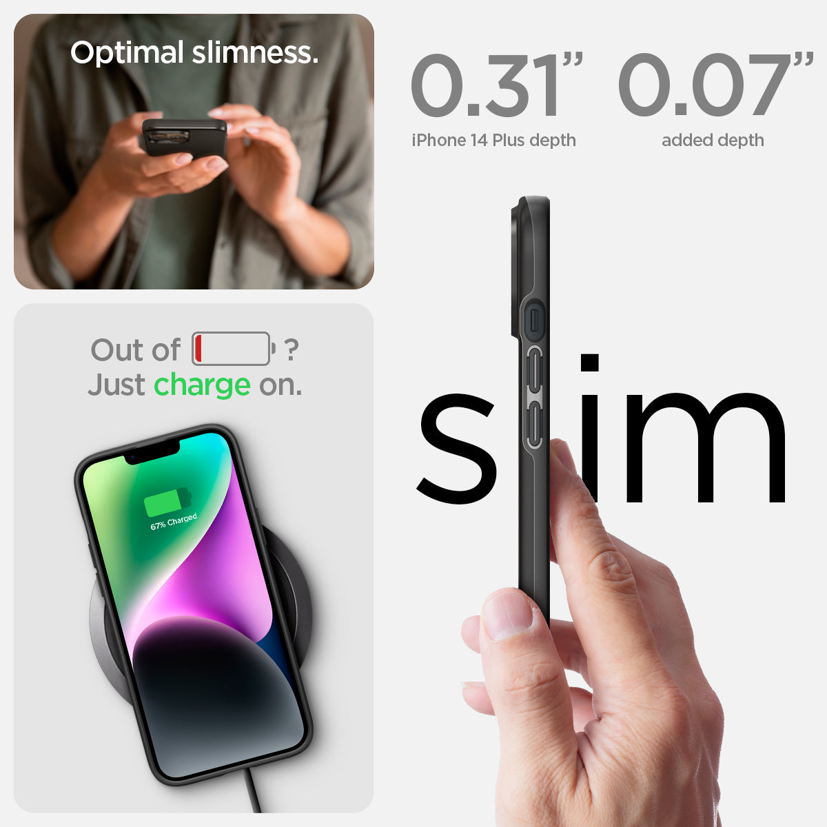 ACS04773 - iPhone 14 Plus Case Thin Fit in black showing the 0.31" device depth 0.07" added depth