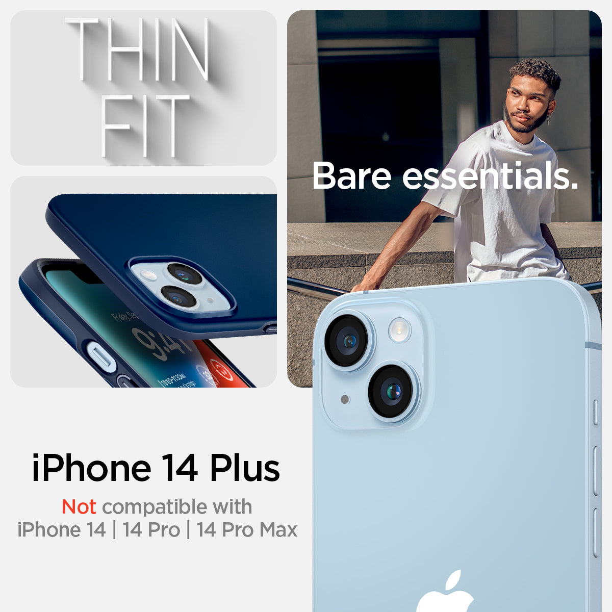 ACS04775 - iPhone 14 Plus Case Thin Fit in navy blue showing the compatibility only with iPhone 14 Plus. Not compatible with iPhone 4 | 14 Pro | 14 Pro Max