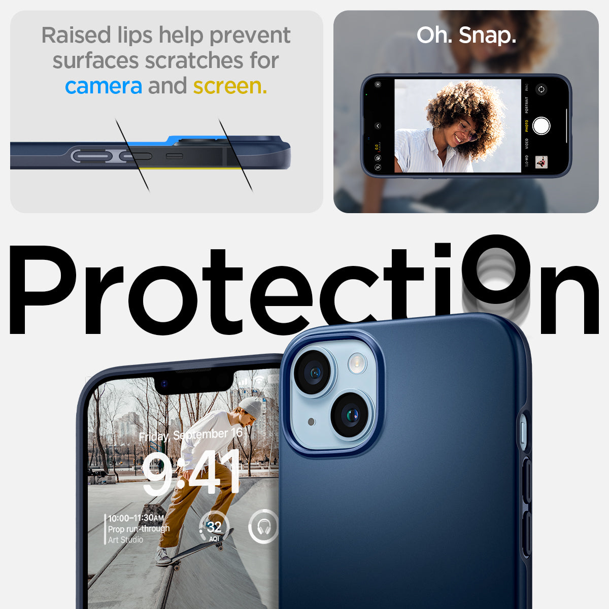 ACS04775 - iPhone 14 Plus Case Thin Fit in navy blue showing the raised lips help prevent surfaces scratches for camera and screen