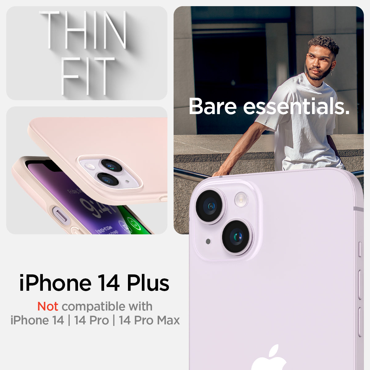 ACS04776 - iPhone 14 Plus Case Thin Fit in pink sand showing the compatibility only with iPhone 14 Plus. Not compatible with iPhone 4 | 14 Pro | 14 Pro Max