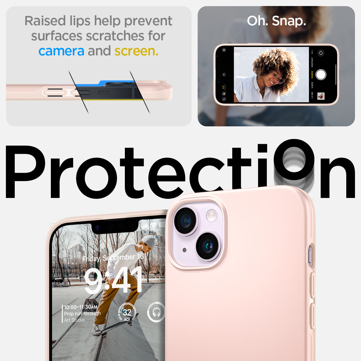 ACS04776 - iPhone 14 Plus Case Thin Fit in pink sand showing the raised lips help prevent surfaces scratches for camera and screen
