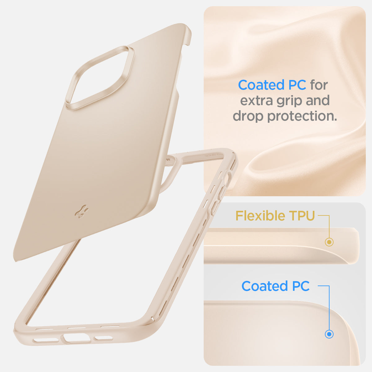 ACS04778 - iPhone 14 Plus Case Thin Fit in sand beige showing the coated PC for extra grip and drop protection