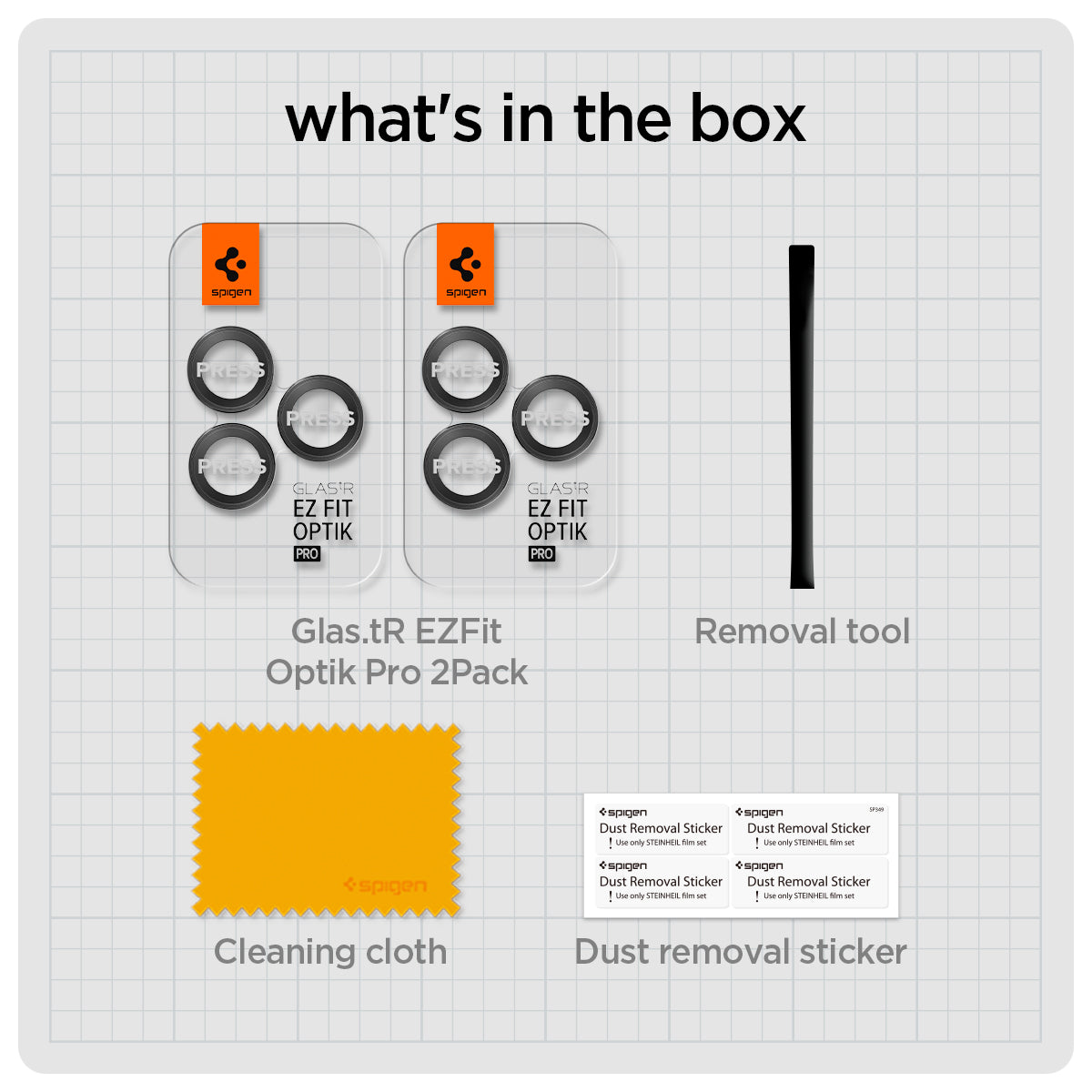 AGL05205 - iPhone 14 Pro / 14 Pro Max Optik Pro Lens Protector in black what's in the box. Glas.tR EZFit Optik pro 2 pack, removal tool, cleaning cloth, dust removal sticker.