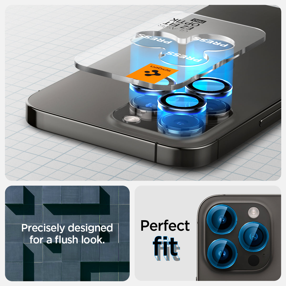 AGL05205 - iPhone 14 Pro / 14 Pro Max Optik Pro Lens Protector in black showing the perfect fit. Precisely designed for a flush look