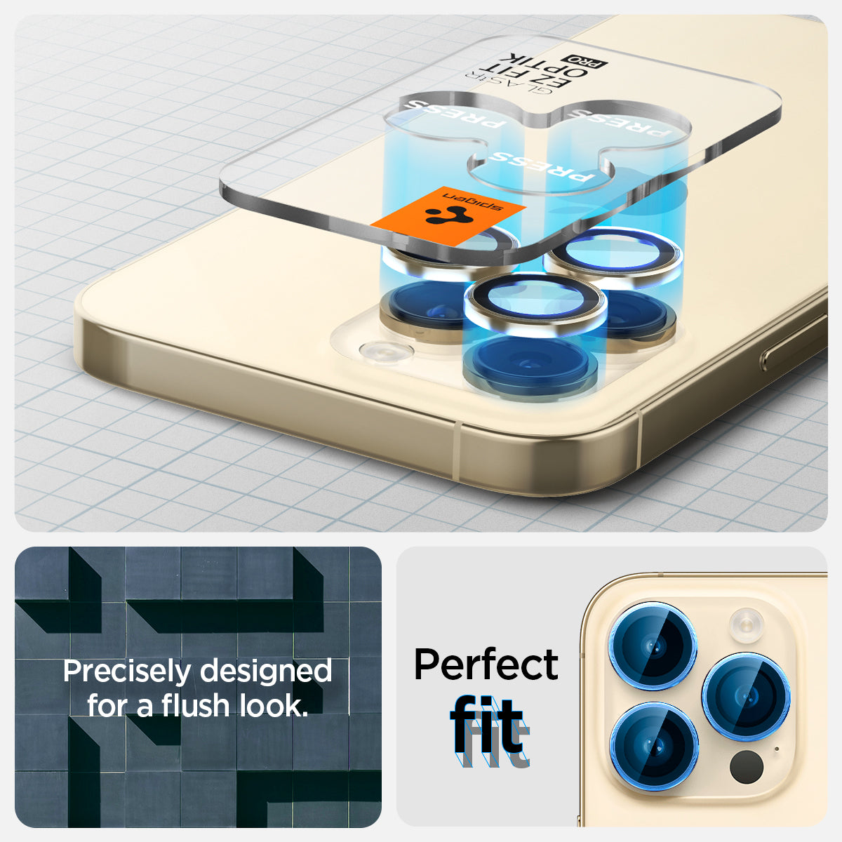 AGL05598 - iPhone 14 Pro / 14 Pro Max Optik Pro Lens Protector in gold showing the perfect fit. Precisely designed for a flush look