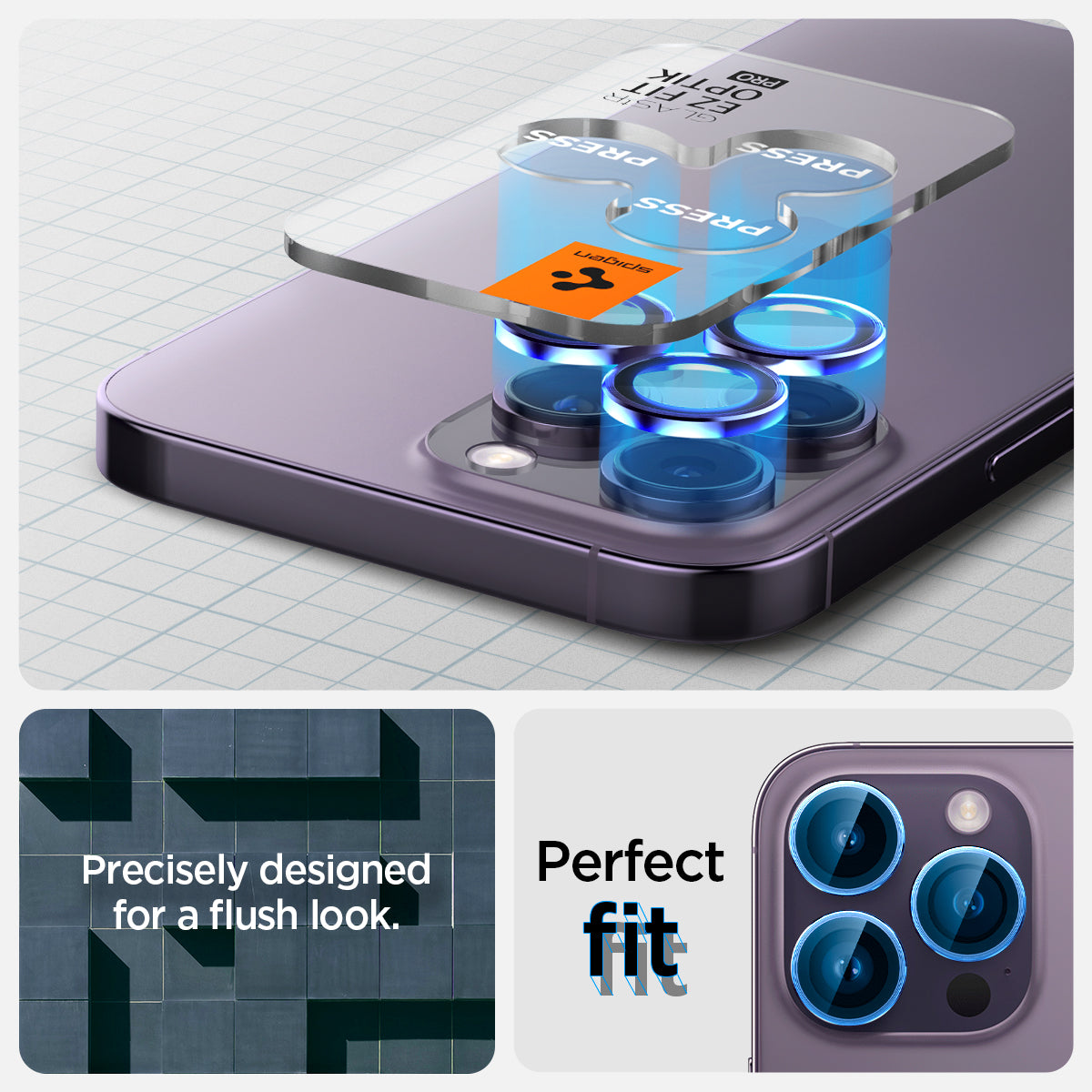 AGL05597 - iPhone 14 Pro / 14 Pro Max Optik Pro Lens Protector in deep purple showing the perfect fit. Precisely designed for a flush look