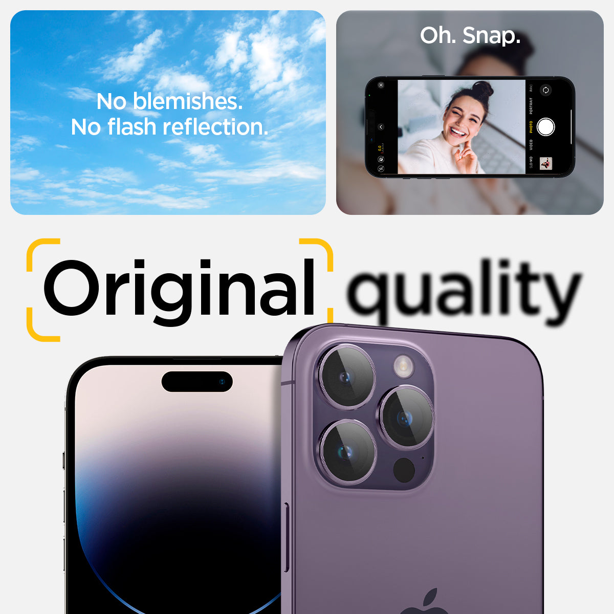 AGL05597 - iPhone 14 Pro / 14 Pro Max Optik Pro Lens Protector in deep purple showing the no blemishes, no flash reflection oh, snap, original quality.