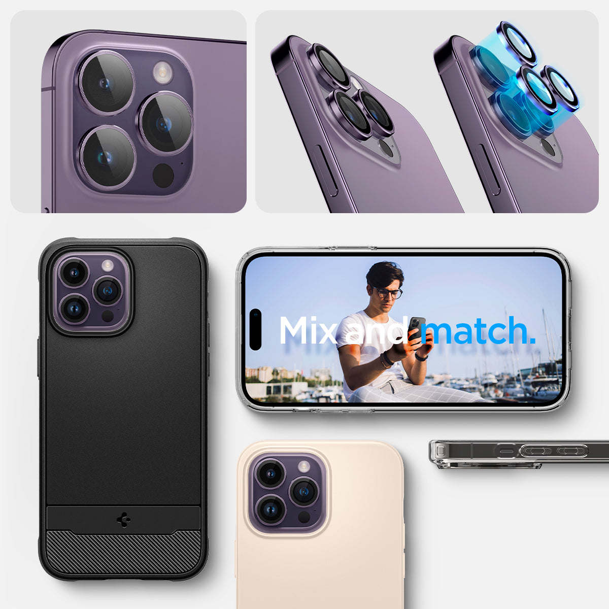 AGL05597 - iPhone 14 Pro / 14 Pro Max Optik Pro Lens Protector in deep purple showing the mix and match