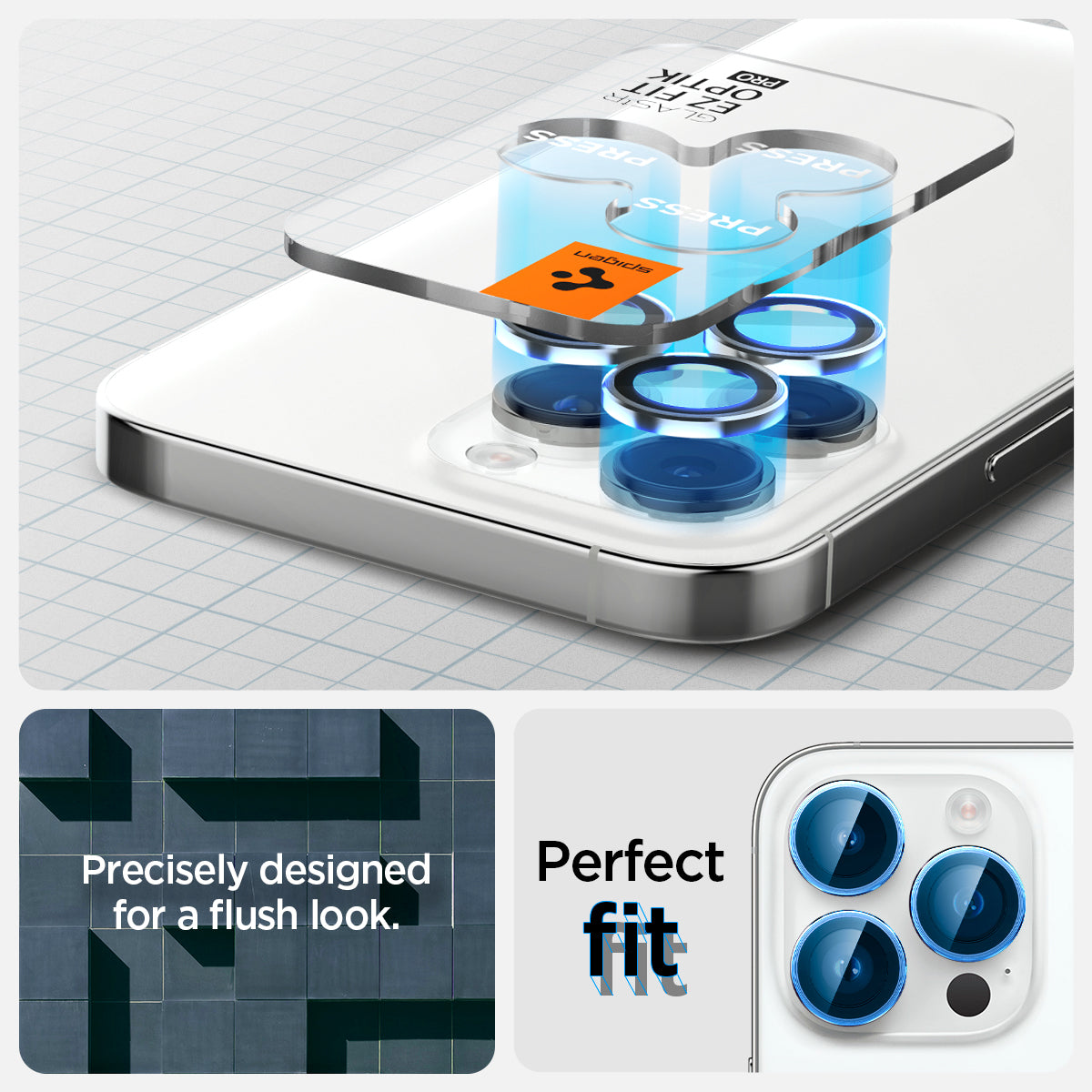 AGL05599 - iPhone 14 Pro / 14 Pro Max Optik Pro Lens Protector in silver showing the perfect fit. Precisely designed for a flush look