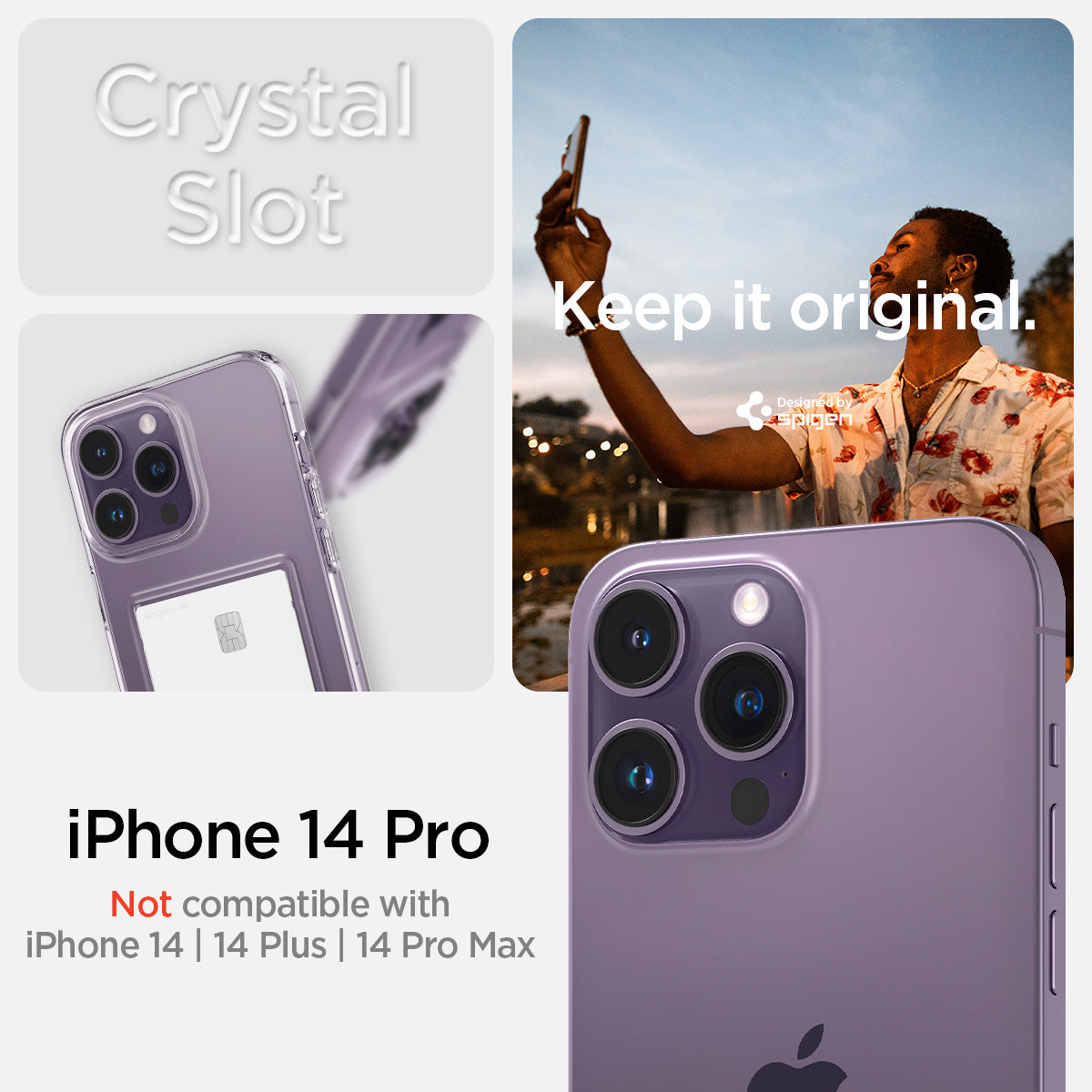 ACS04976 - iPhone 14 Pro Case Crystal Slot in crystal clear showing Not compatible with iPhone 14, 14plus, 14 pro max. crystal slot. Keep it original