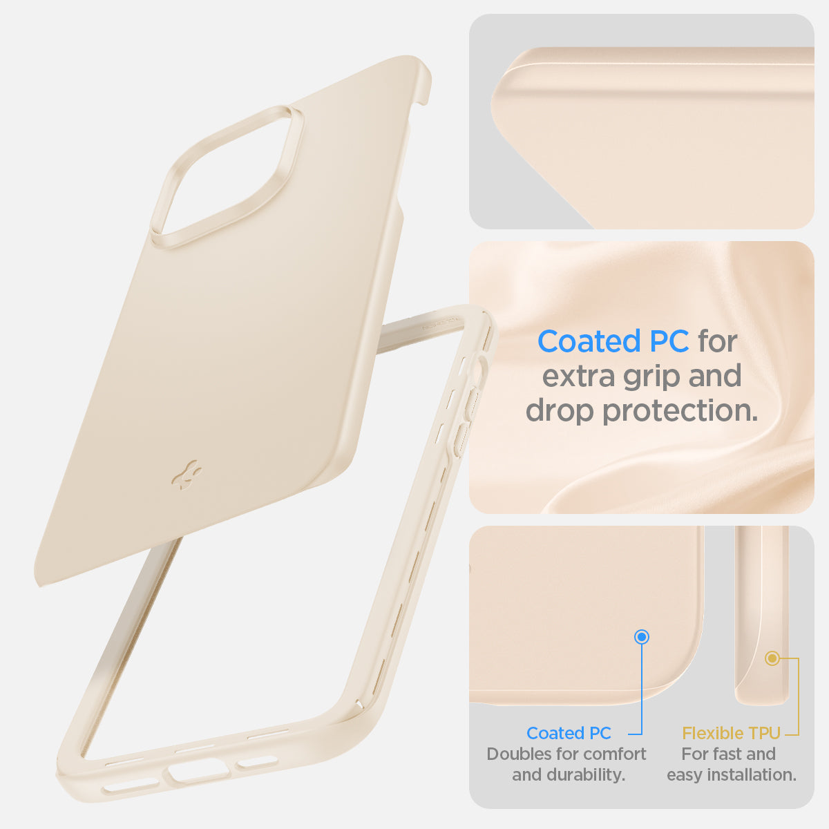ACS04785 - iPhone 14 Pro Case Thin Fit in sand beige showing the coated PC for extra grip and drop protection