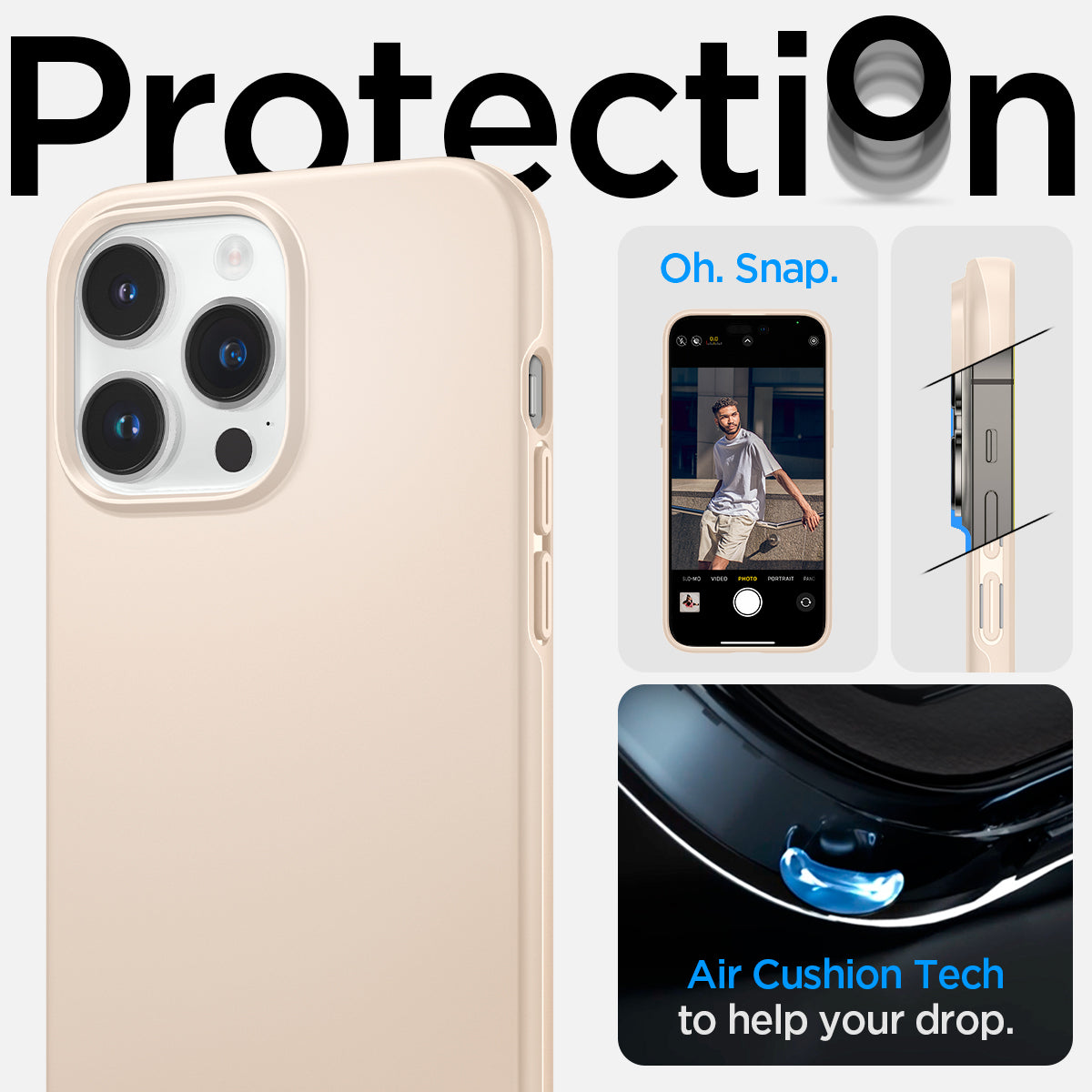 ACS04785 - iPhone 14 Pro Case Thin Fit in sand beige showing the air cushion tech to help your drop
