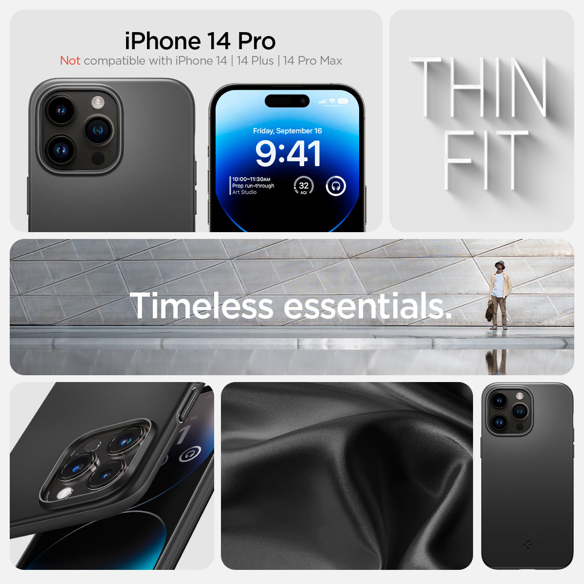ACS04780 - iPhone 14 Pro Case Thin Fit in black showing the compatibility only with iPhone 14 Pro . Not compatible with iPhone 14 | 14 Plus | 14 Pro Max