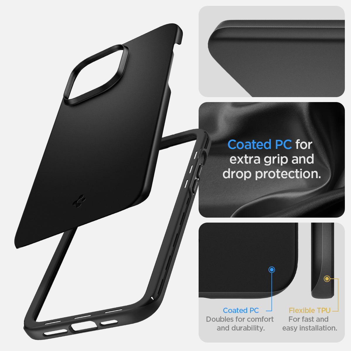 ACS04780 - iPhone 14 Pro Case Thin Fit in black showing the coated PC for extra grip and drop protection