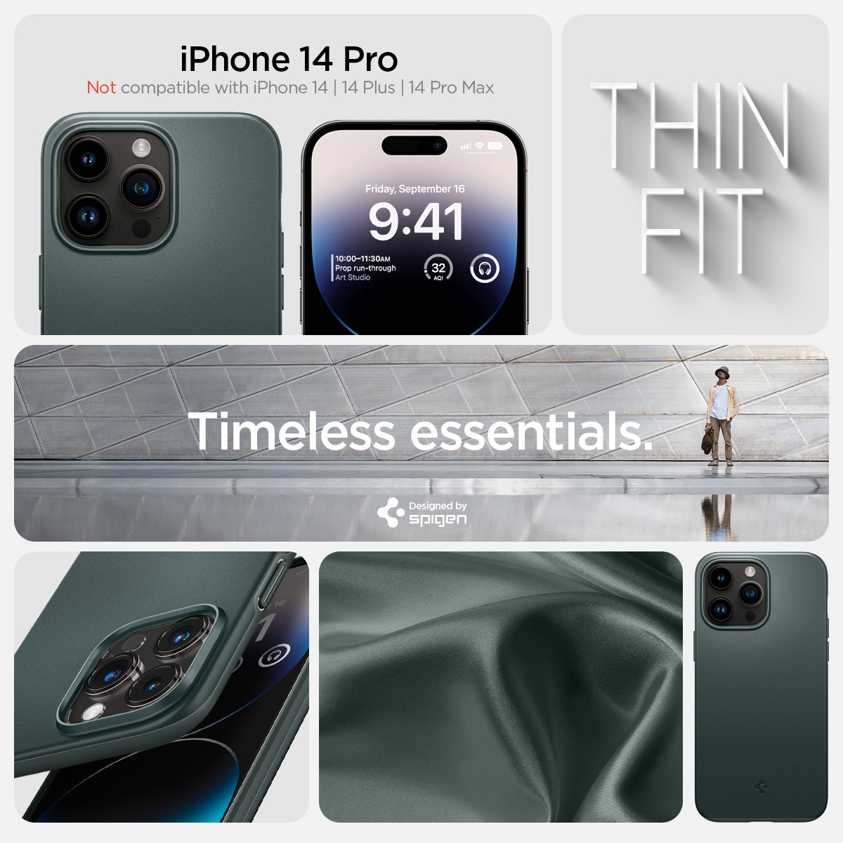 ACS04786 - iPhone 14 Pro Case Thin Fit in abyss green showing the compatibility only with iPhone 14 Pro. Not compatible with iPhone 14 | 14 Plus | 14 Pro Max