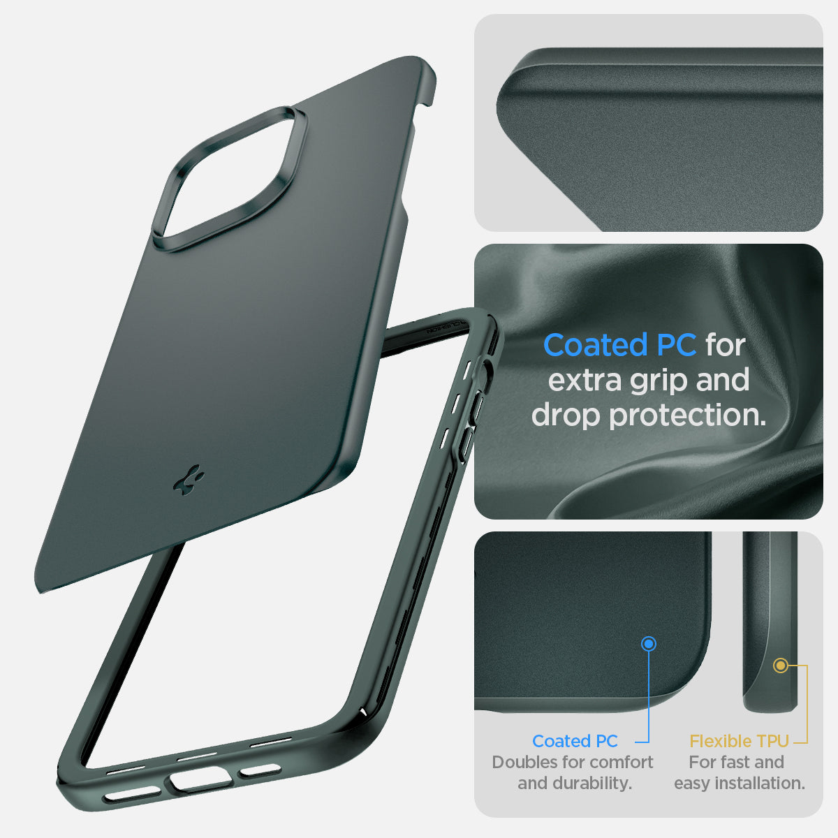 ACS04786 - iPhone 14 Pro Case Thin Fit in abyss green showing the coated PC for extra grip and drop protection