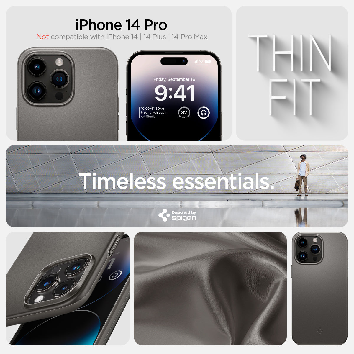 ACS04782 - iPhone 14 Pro Case Thin Fit in gunmetal showing the compatibility only with iPhone 14 Pro. Not compatible with iPhone 14 | 14 Plus | 14 Pro Max