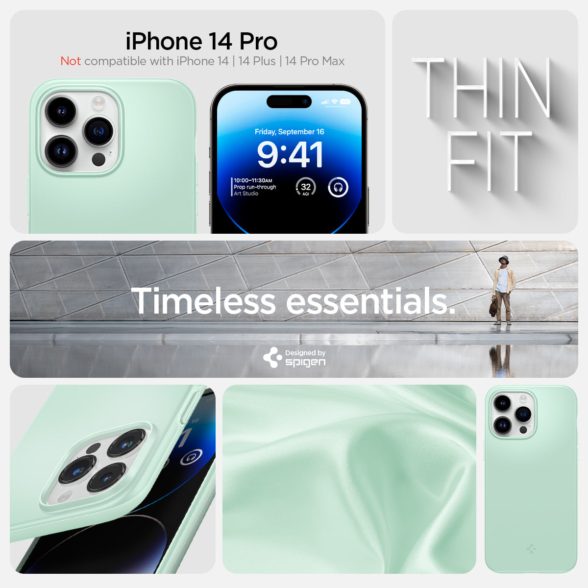 ACS04784 - iPhone 14 Pro Case Thin Fit in apple mint showing the compatibility only with iPhone 14 Pro. Not compatible with iPhone 14 | 14 Plus | 14 Pro Max