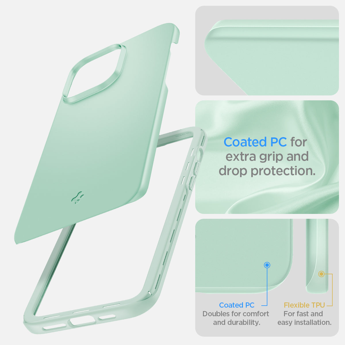 ACS04784 - iPhone 14 Pro Case Thin Fit in apple mint showing the coated PC for extra grip and drop protection
