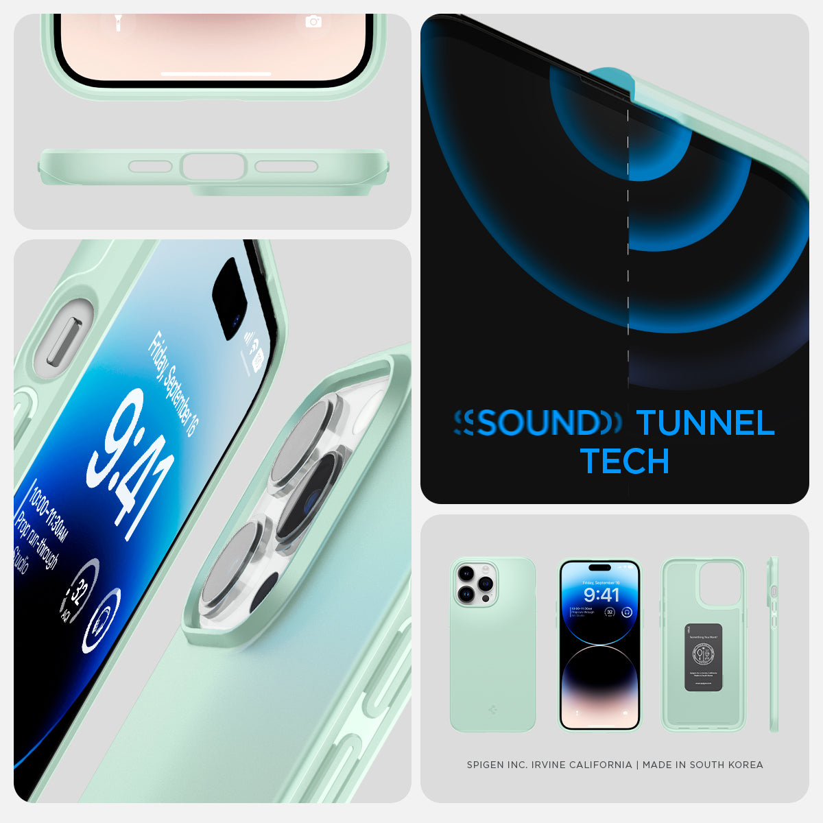 ACS04784 - iPhone 14 Pro Case Thin Fit in apple mint showing the sound tunnel tech