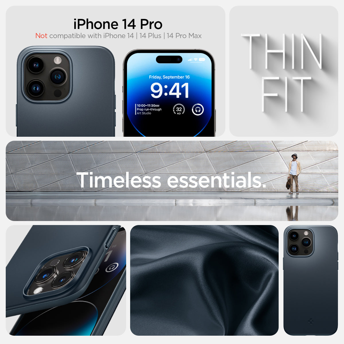 ACS04781 - iPhone 14 Pro Case Thin Fit in metal slate showing the compatibility only with iPhone 14 Pro. Not compatible with iPhone 14 | 14 Plus | 14 Pro Max