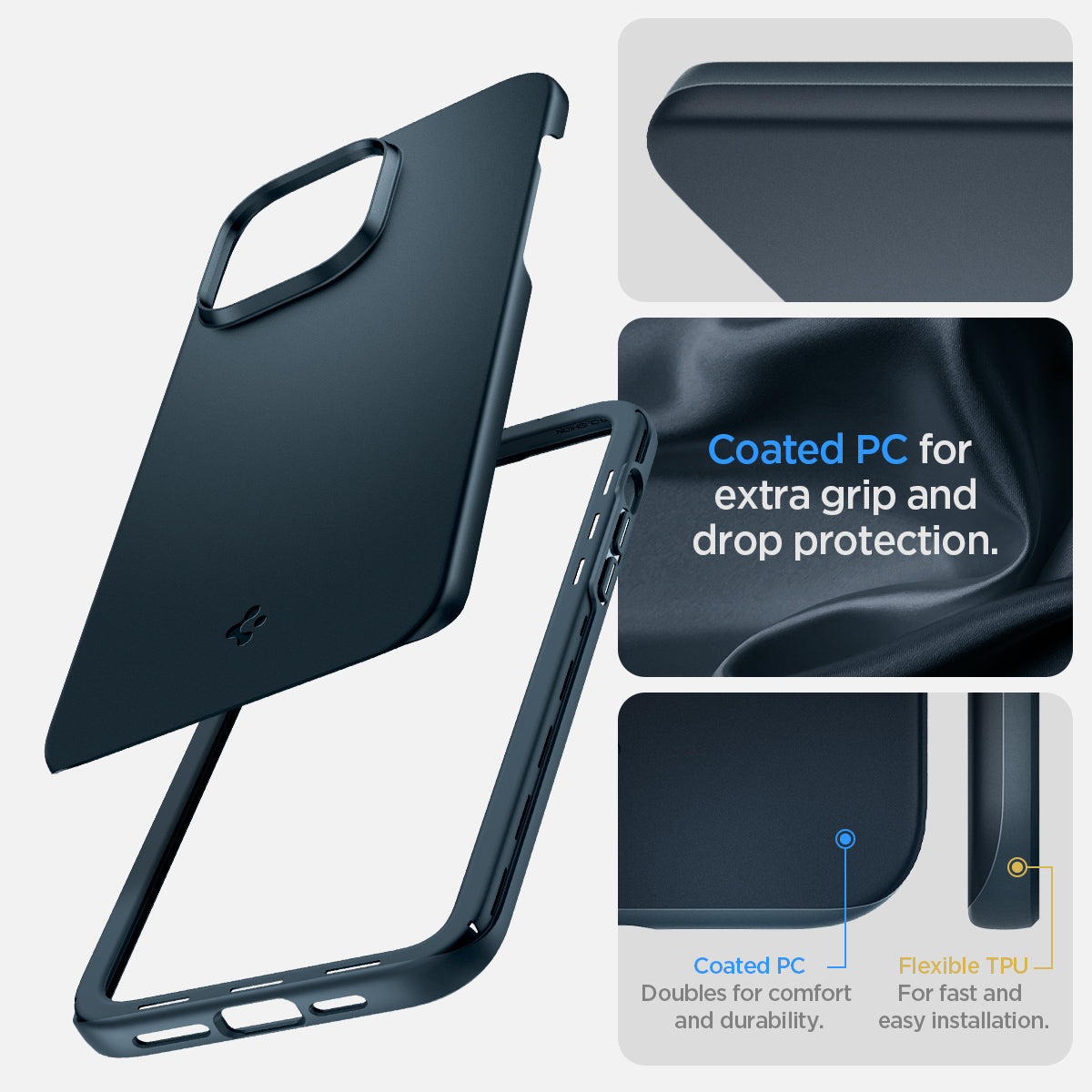 ACS04781 - iPhone 14 Pro Case Thin Fit in metal slate showing the coated PC for extra grip and drop protection