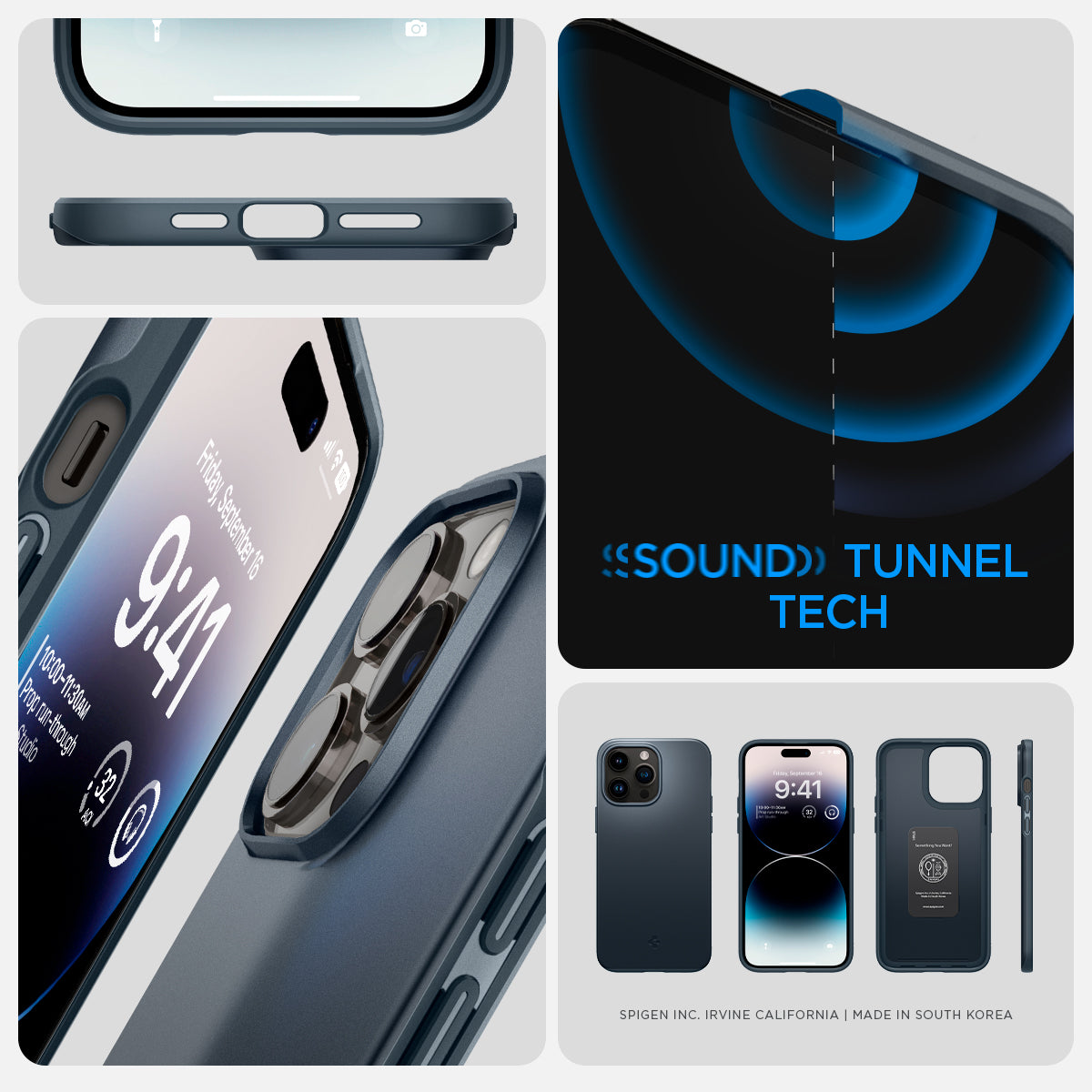 ACS04781 - iPhone 14 Pro Case Thin Fit in metal slate showing the sound tunnel tech