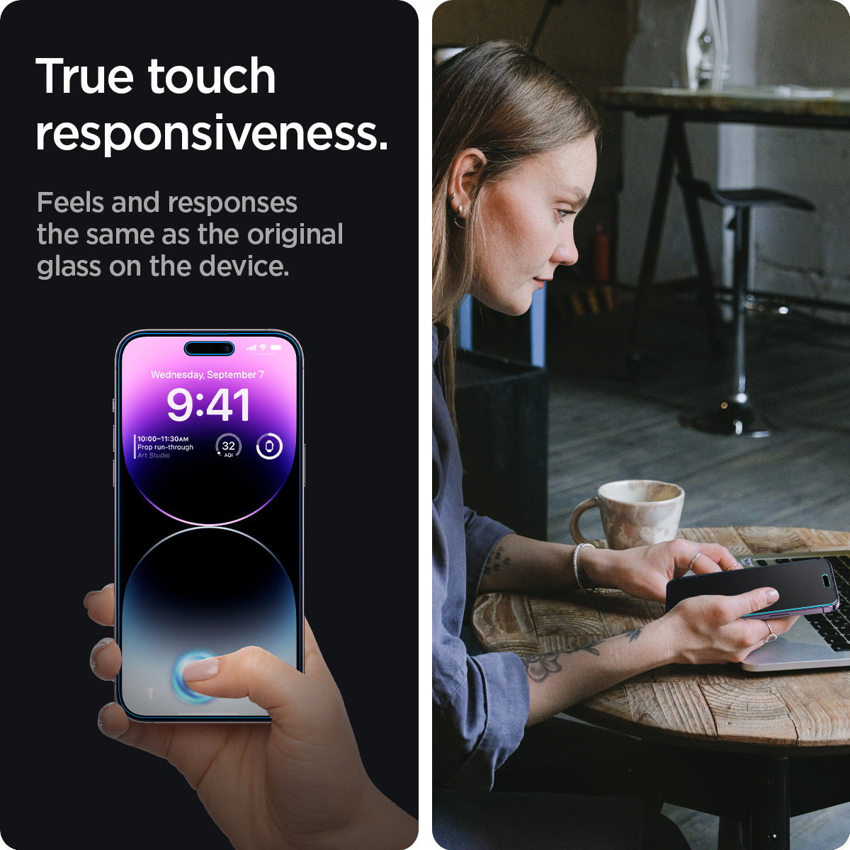 AGL05203 - iPhone 14 Pro Max Screen Protector EZ FIT GLAS.tR Privacy true touch responsiveness. Feels and responses the same as the original glass on the device.