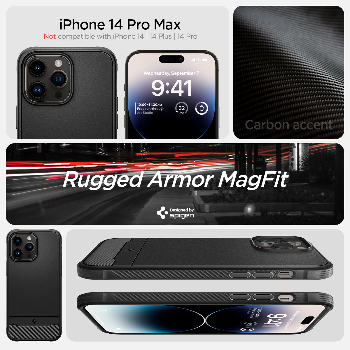 ACS04812 - iPhone 14 Pro Max Case Rugged Armor (MagFit) in matte black iPhone 14 pro max. not compatible with iPhone 14 , 14 plus, 14 pro. Rugged armor magfit.