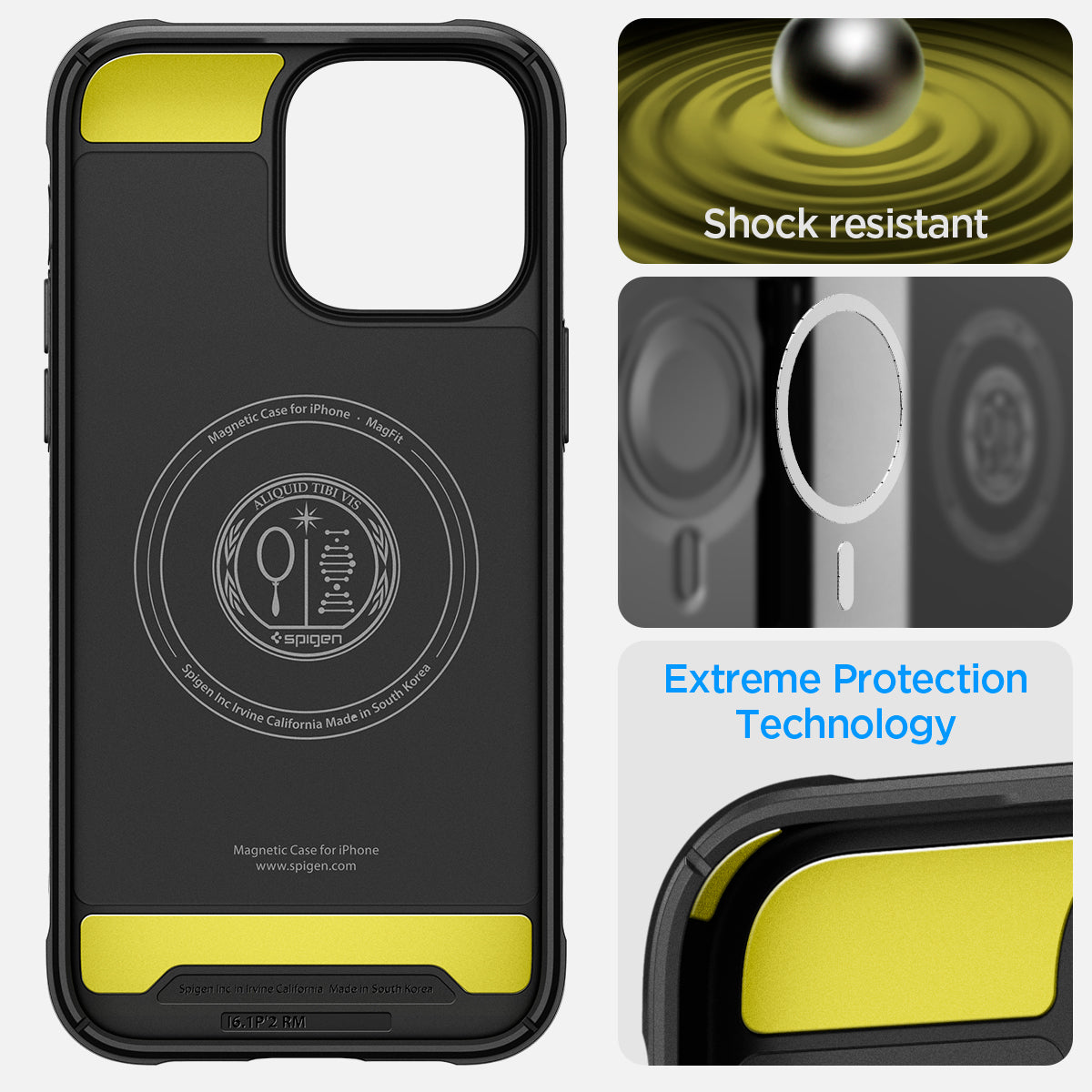 ACS04812 - iPhone 14 Pro Max Case Rugged Armor (MagFit) in matte black showing shock resist. Extreme protection technology.