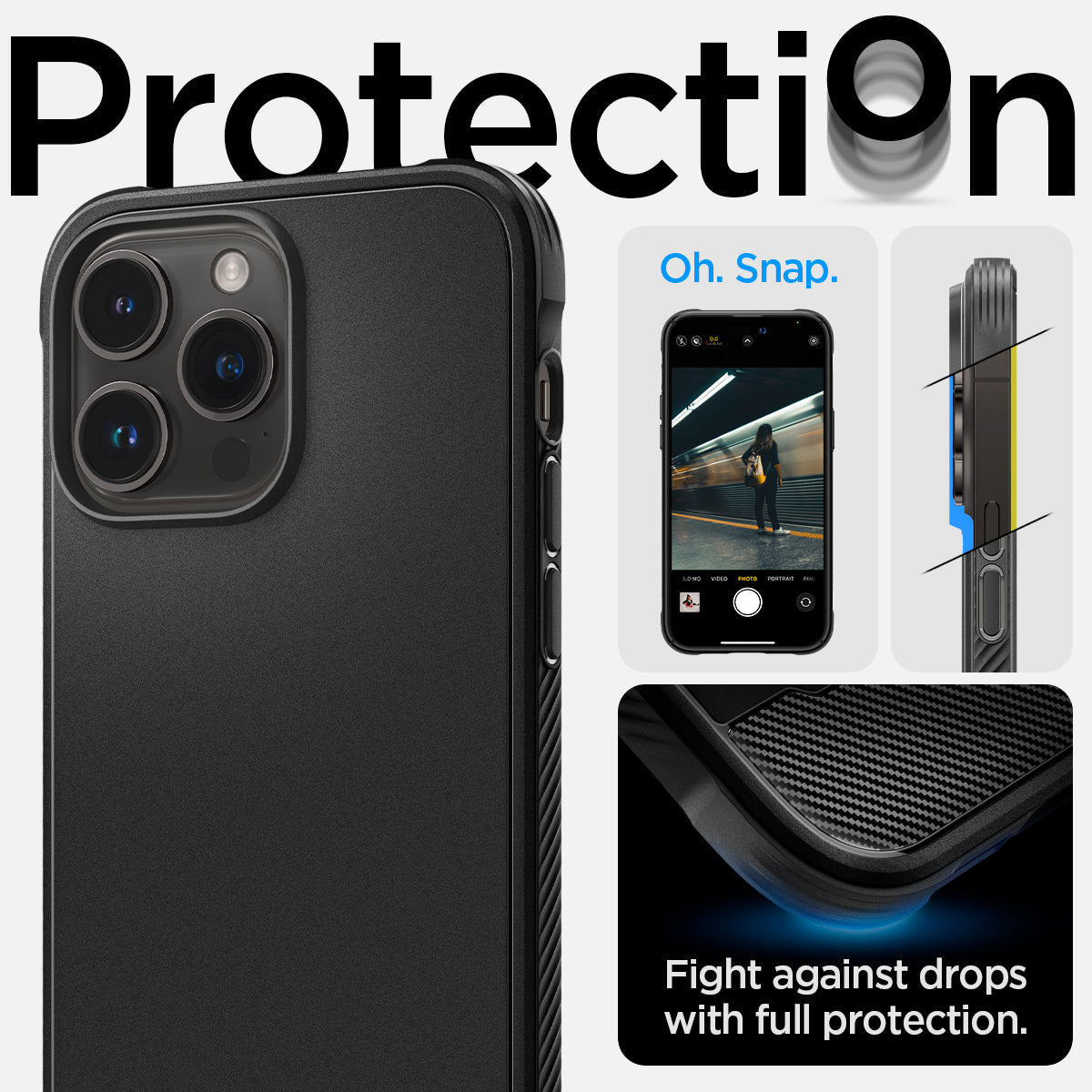 ACS04812 - iPhone 14 Pro Max Case Rugged Armor (MagFit) in matte black showing protection. Oh, snap. Air cushion tech to fight against drops.