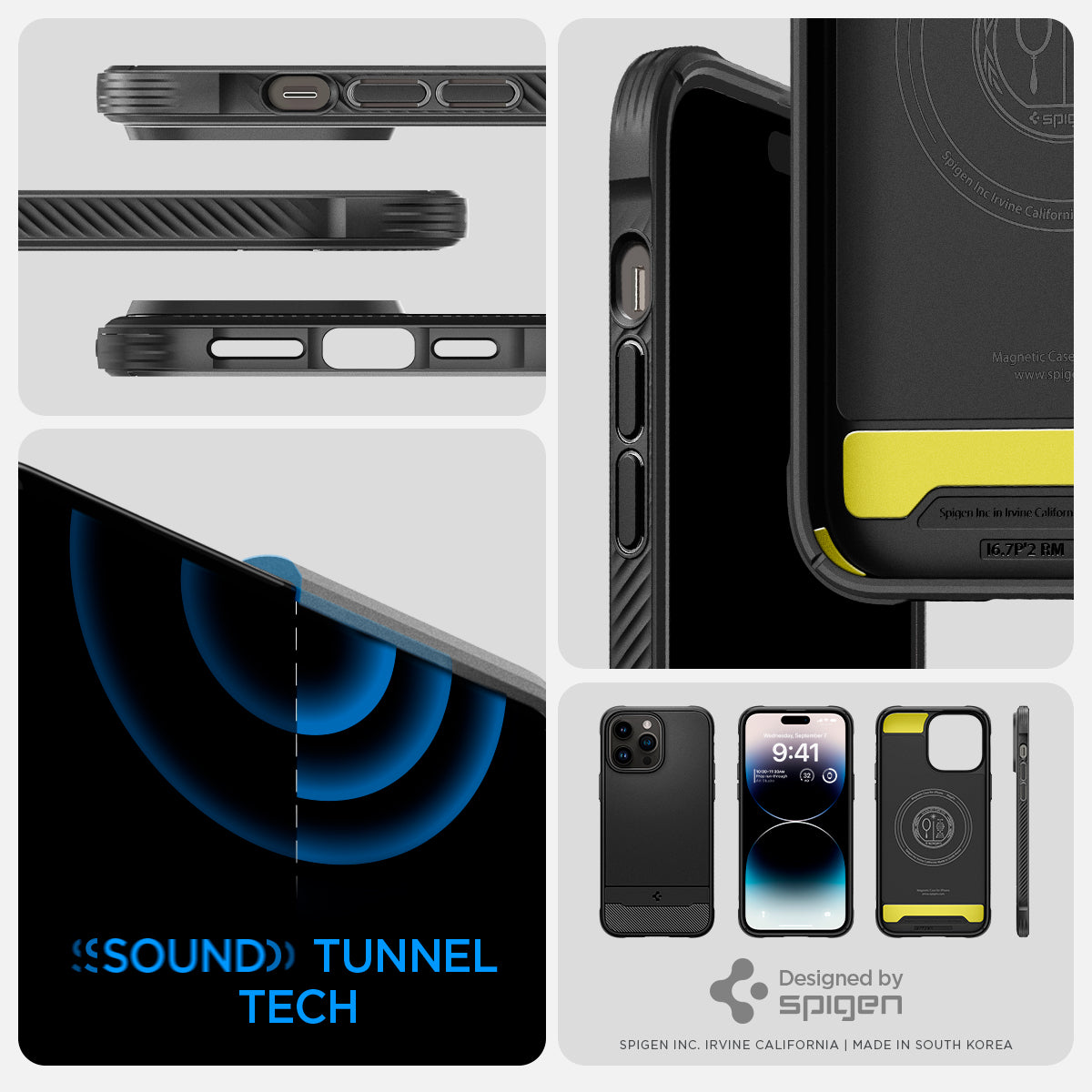ACS04812 - iPhone 14 Pro Max Case Rugged Armor (MagFit) in matte black showing sound tunnel tech.