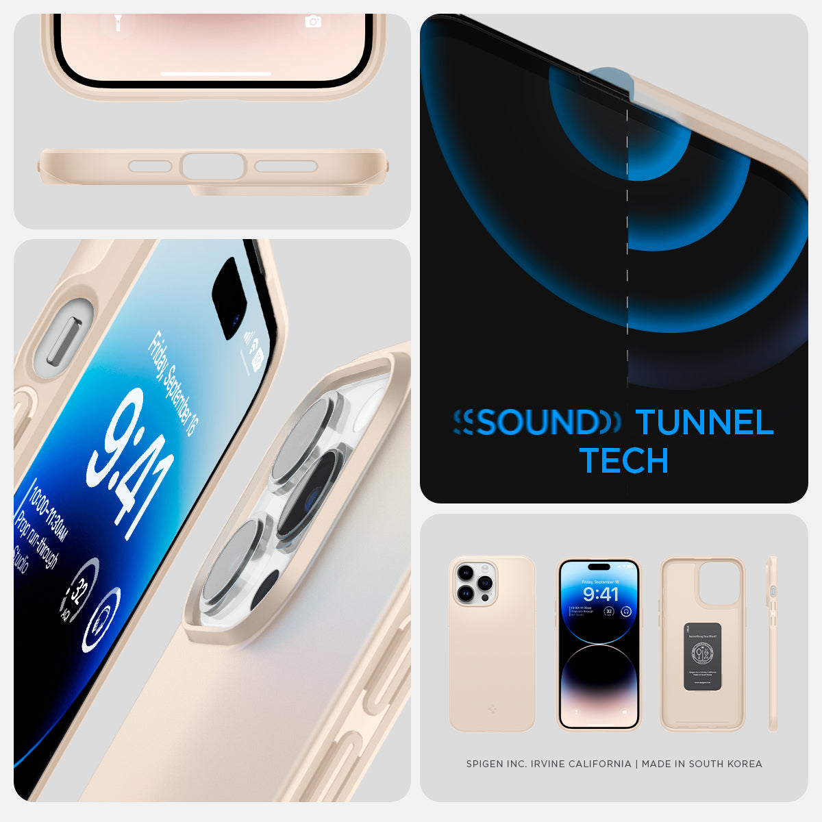 ACS04770 - iPhone 14 Pro Max Case Thin Fit in sand beige showing the sound tunnel tech