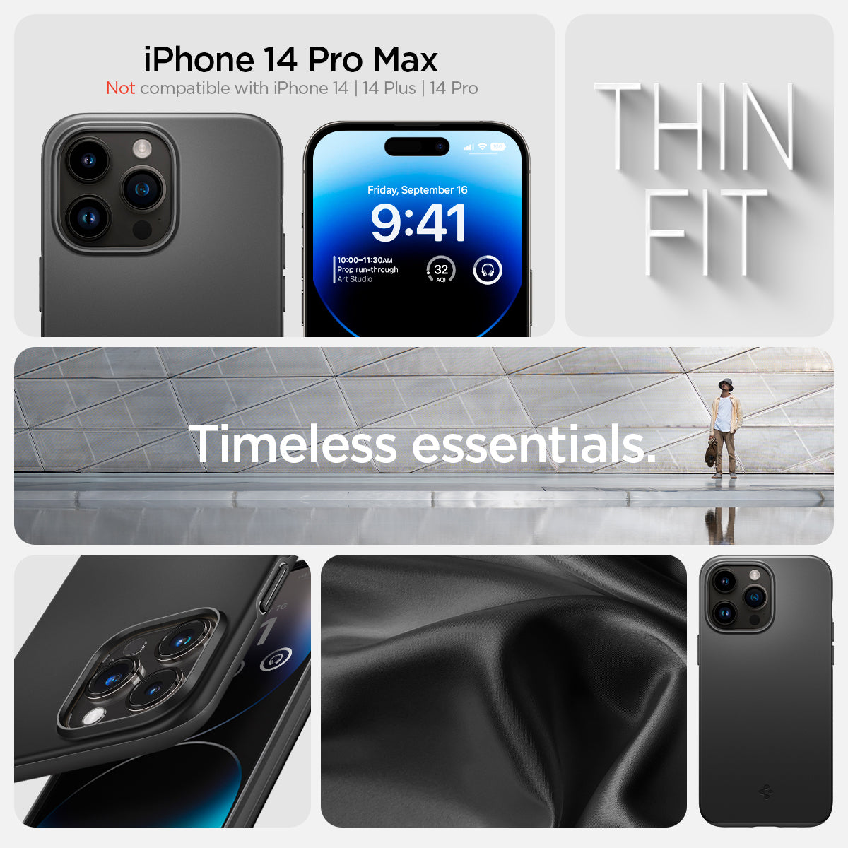 ACS04766 - iPhone 14 Pro Max Case Thin Fit in black showing the compatibility only with iPhone 14 Pro Max. Not compatible with iPhone 14 | 14 Plus | 14 Pro