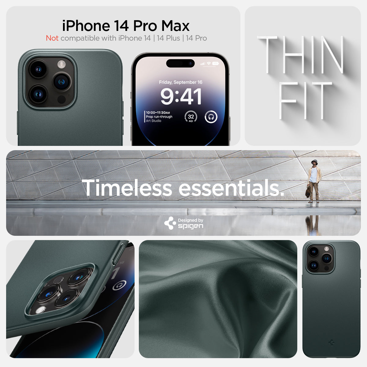 ACS04771 - iPhone 14 Pro Max Case Thin Fit in abyss green showing the compatibility only with iPhone 14 Pro Max. Not compatible with iPhone 14 | 14 Plus | 14 Pro