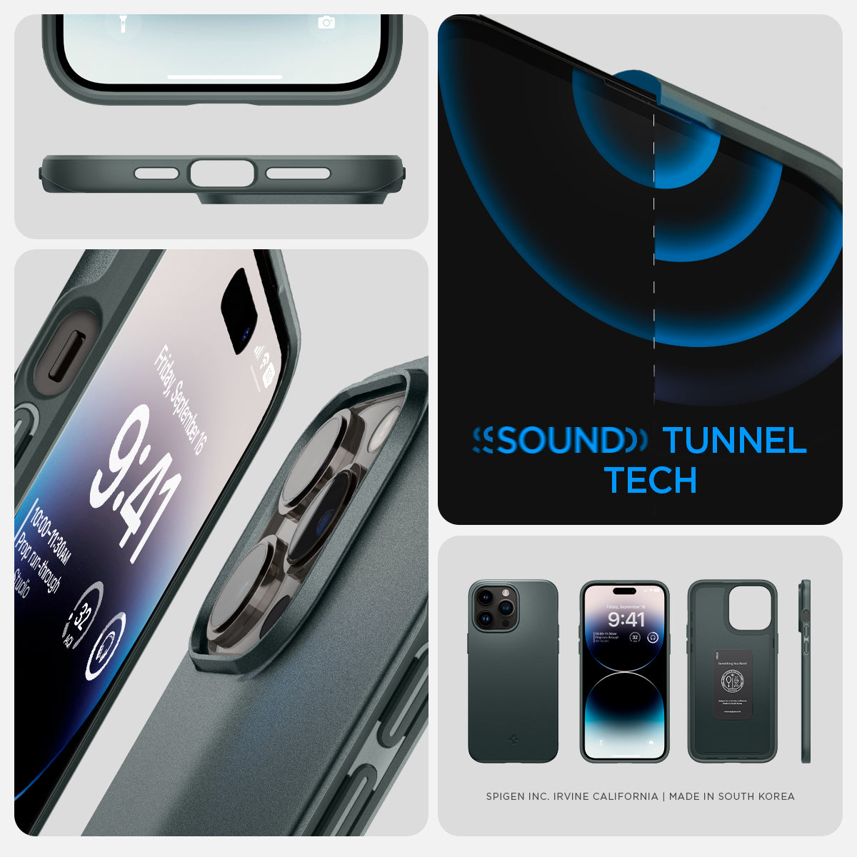 ACS04771 - iPhone 14 Pro Max Case Thin Fit in abyss green showing the sound tunnel tech