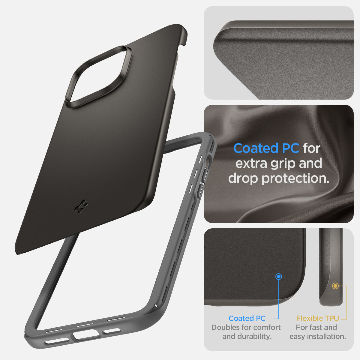 ACS04767 - iPhone 14 Pro Max Case Thin Fit in gunmetal showing the coated PC for extra grip and drop protection
