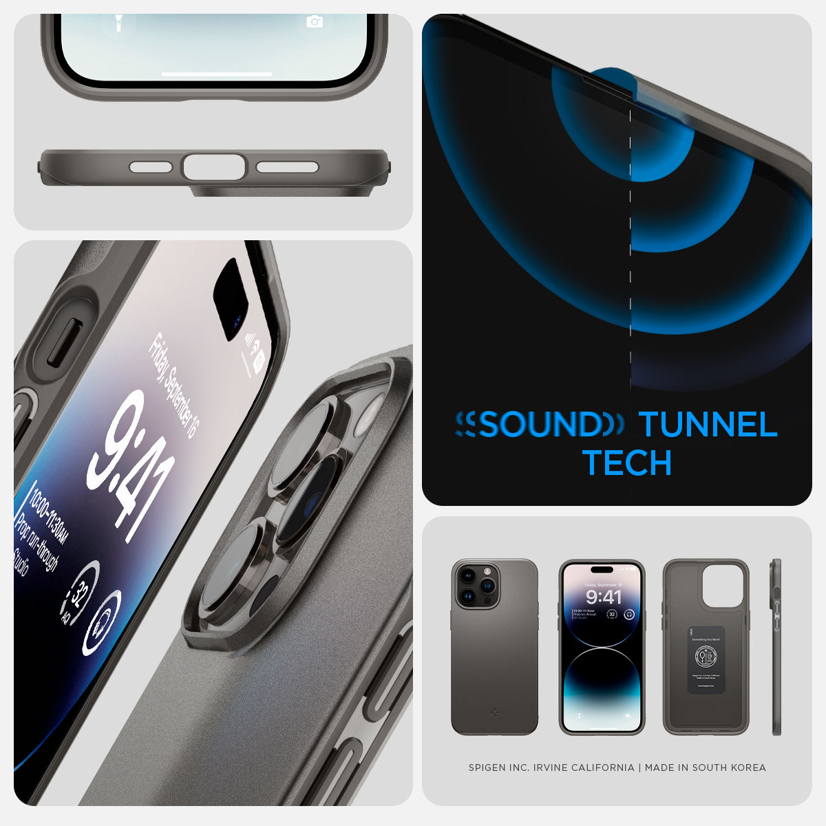 ACS04767 - iPhone 14 Pro Max Case Thin Fit in gunmetal showing the sound tunnel tech