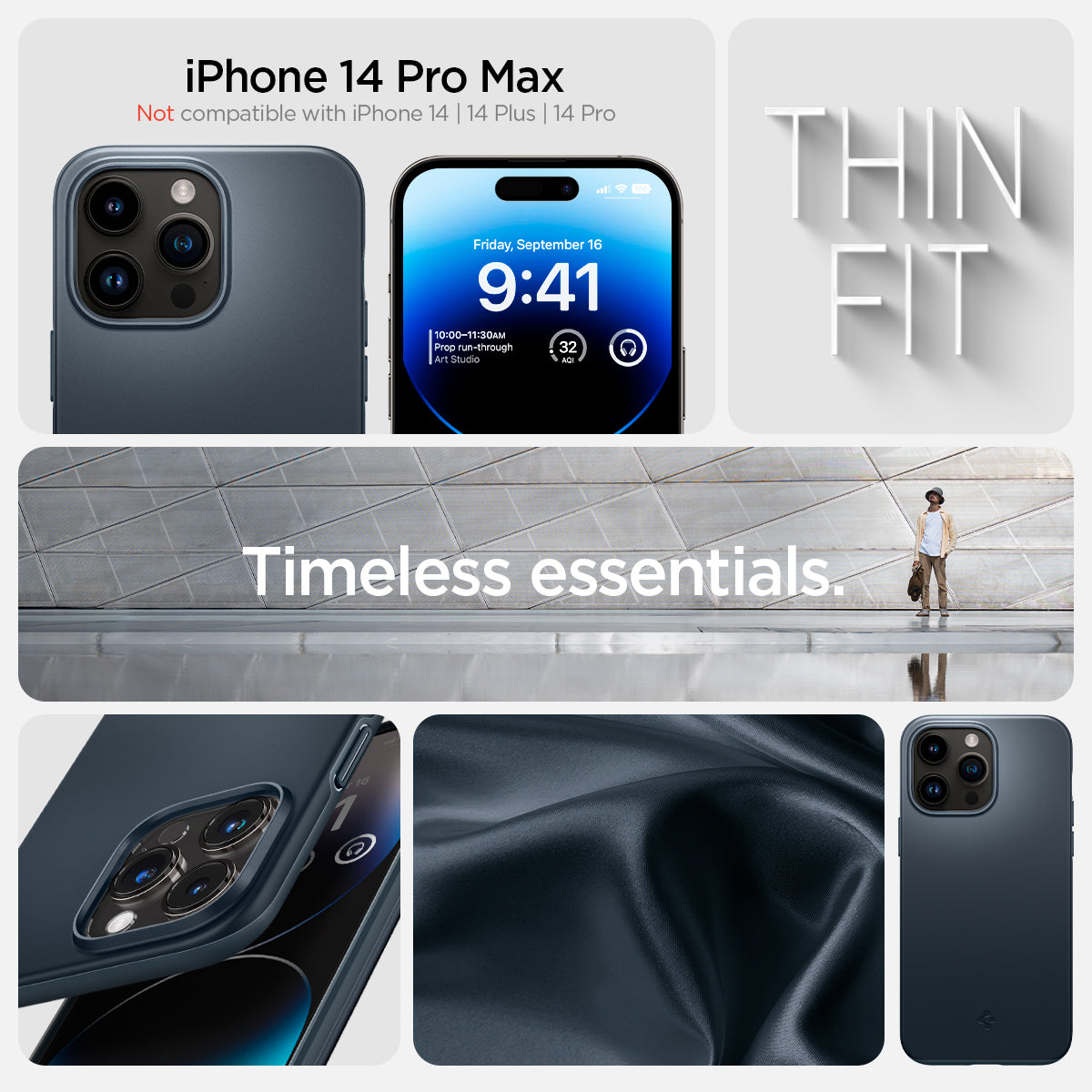 ACS04768 - iPhone 14 Pro Max Case Thin Fit in metal slate showing the compatibility only with iPhone 14 Pro Max. Not compatible with iPhone 14 | 14 Plus | 14 Pro