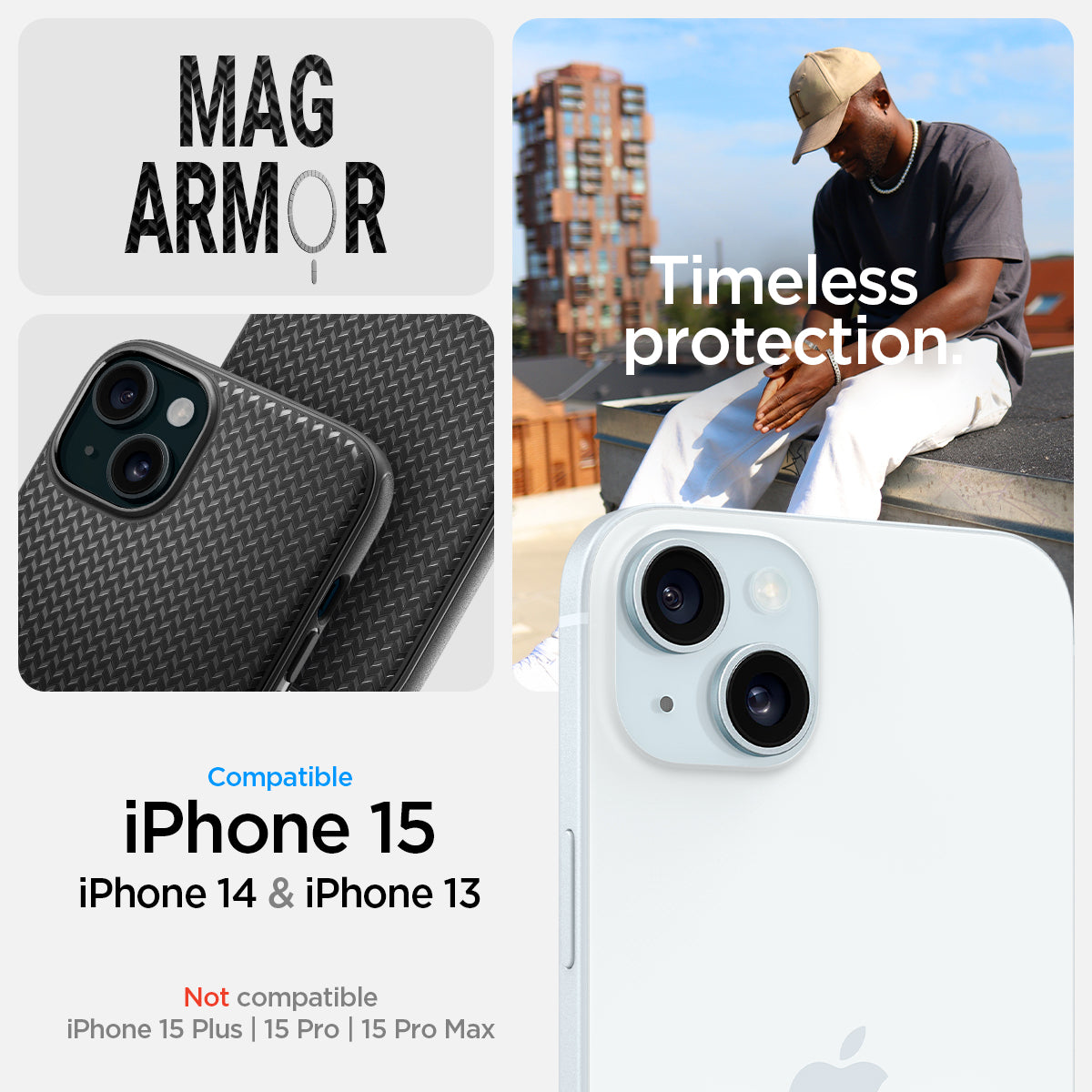 ACS06815 - iPhone 15 Case Mag Armor (MagFit) in matte black mag armor. iPhone 15,14,13. Not compatible with iPhone 15 plus | 15 Pro | 15 Pro Max. Timeless protection.