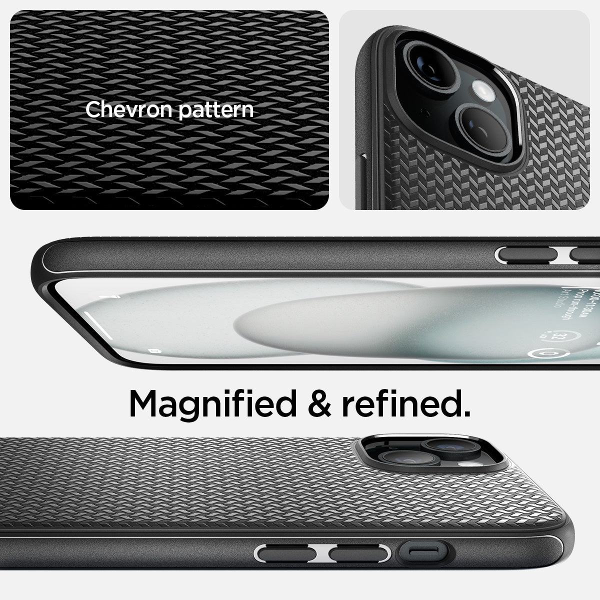 ACS06815 - iPhone 15 Case Mag Armor (MagFit) in matte black chevron pattern. Magnified and refined.