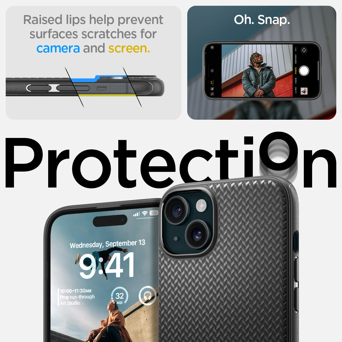 ACS06815 - iPhone 15 Case Mag Armor (MagFit) in matte black raised edges prevent surface scratches on the camera and screen