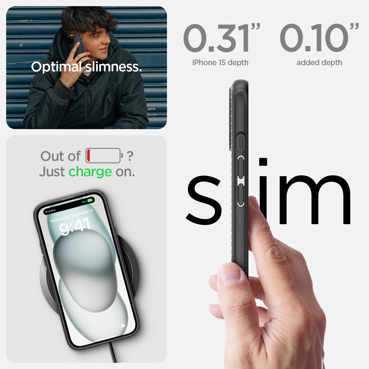 ACS06815 - iPhone 15 Case Mag Armor (MagFit) in matte black the 0.31" iPhone 15 Plus depth. 0.10" added depth optimal slimness. out of battery? just charge on.