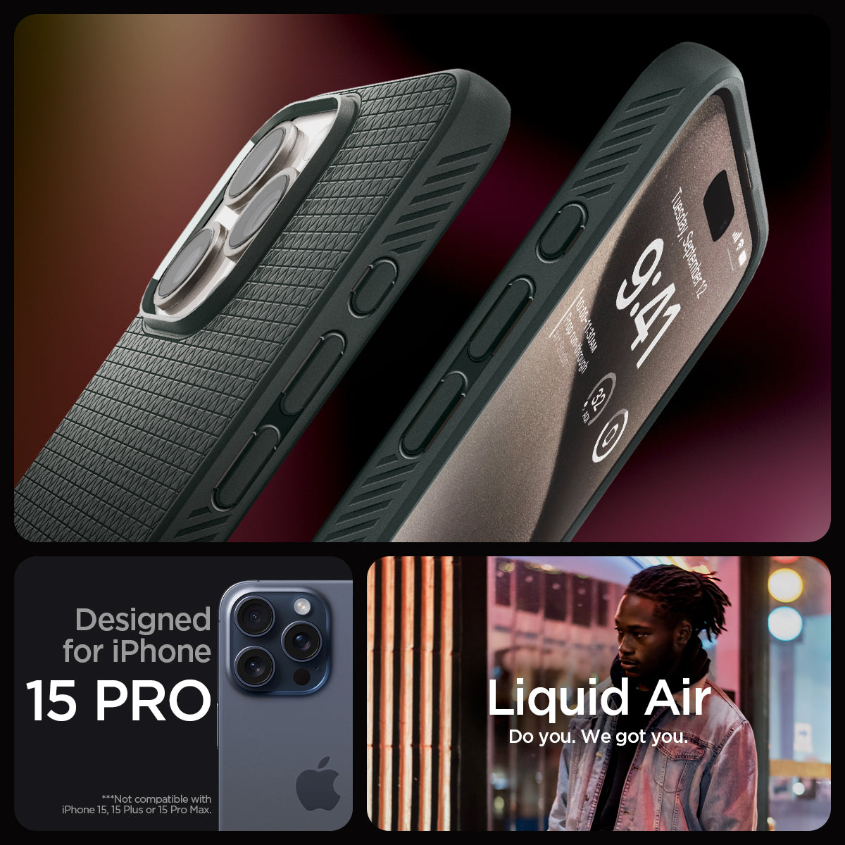 ACS06706 - iPhone 15 Pro Case Liquid Air in abyss green designed for iPhone 15 Pro. Not compatible with iPhone 15, 15 Plus or 15 Pro Max