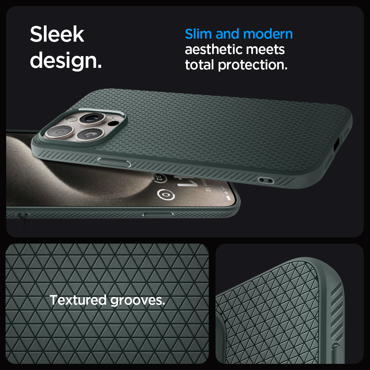 ACS06706 - iPhone 15 Pro Case Liquid Air in abyss green sleek design. Slim and modern aesthetic meets total protection with textured grooves
