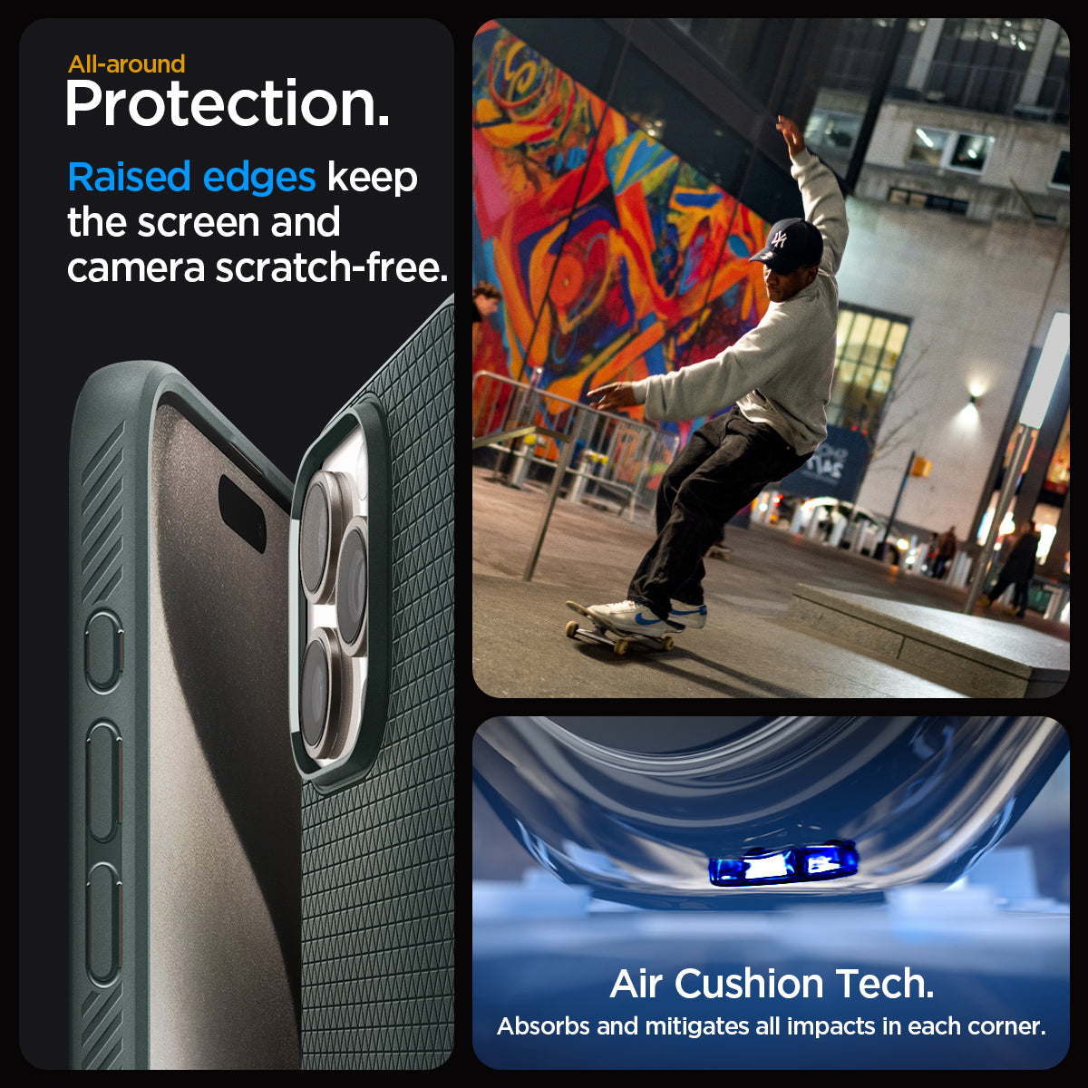 ACS06706 - iPhone 15 Pro Case Liquid Air in abyss green all-around protection. Raised edges keep the screen and camera scratch-free. Air Cushion Tech. Absorbs and mitigates all impacts in each corner
