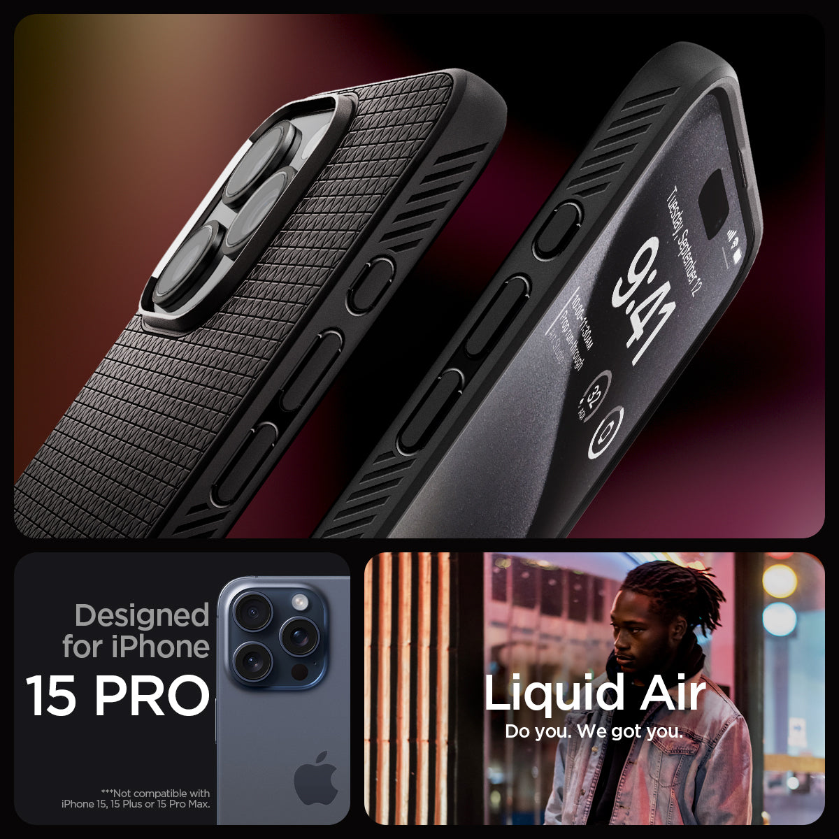 ACS06704 - iPhone 15 Pro Case Liquid Air in matte black designed for iPhone 15 Pro. Not compatible with iPhone 15, 15 Plus or 15 Pro Max