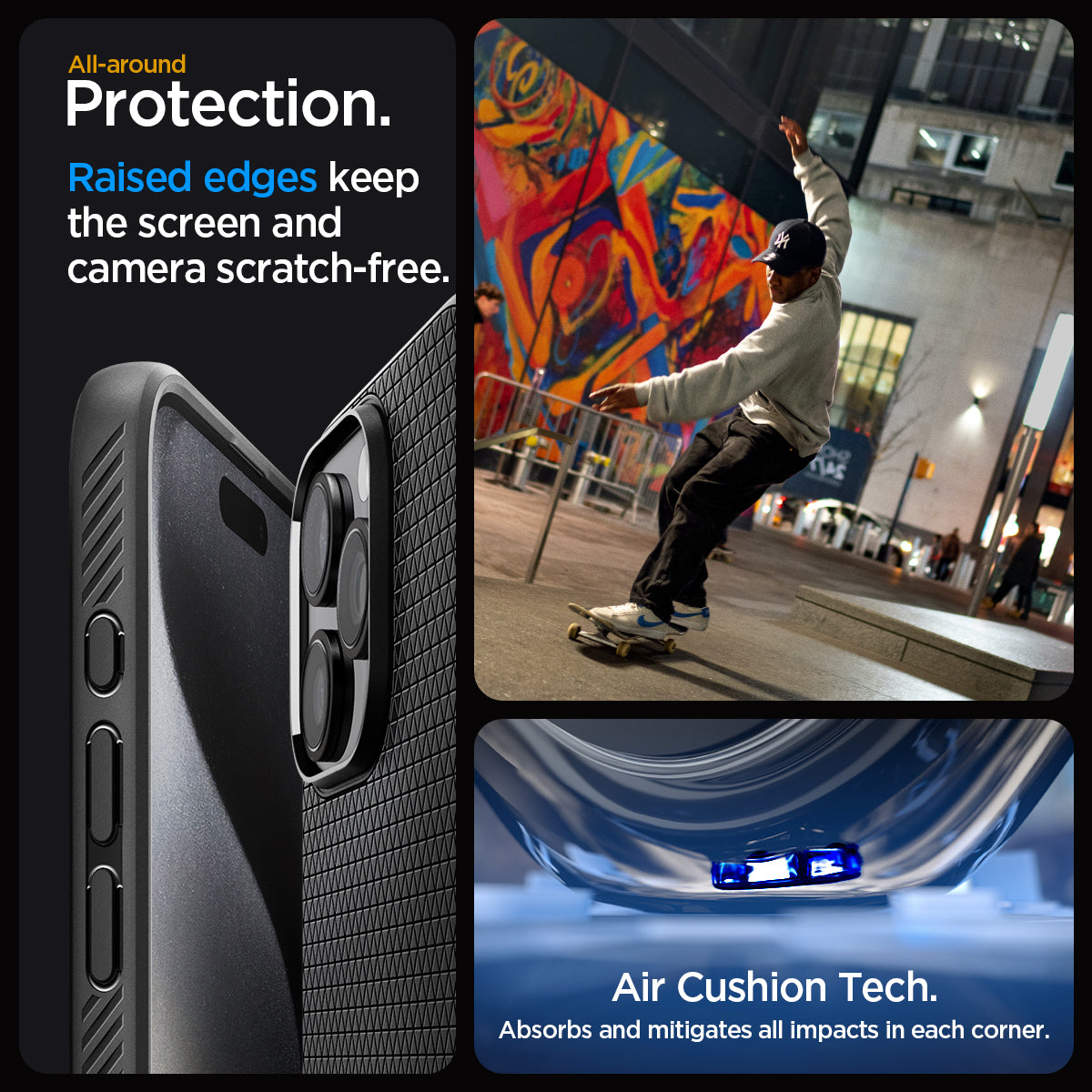 ACS06704 - iPhone 15 Pro Case Liquid Air in matte black all-around protection. Raised edges keep the screen and camera scratch-free. Air Cushion Tech. Absorbs and mitigates all impacts in each corner
